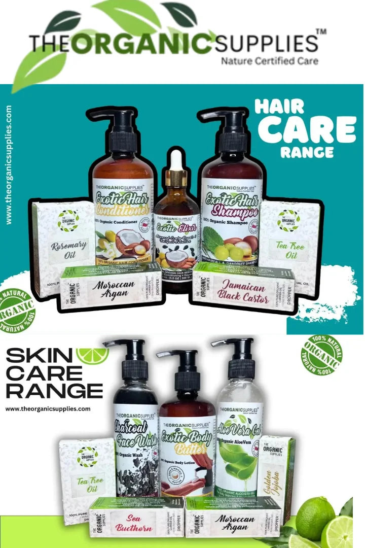 The image shows a variety of hair and skin care products from The Organic Supplies on a blue background. The text at the top of the image says "The Organic Supplies Nature Certified Care".