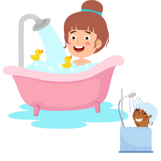 in the image girl taking shower in the bathtub with the white background 