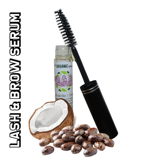 A small bottle with a dropper top, labeled "ORGANIC lash & brow serum," sits against a white background. wit its natural ingredients of coconuts and black castor seeds. 