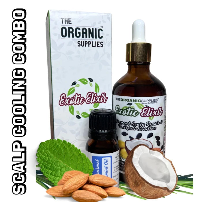  A glass dropper bottle of "Exotic Elixir" hair care product with a black and white label sits on a white background, next to a coconut half filled with almonds, and mint leaves. and one 10ml bottle of peppermint essential oil for cooling the scalps. 
