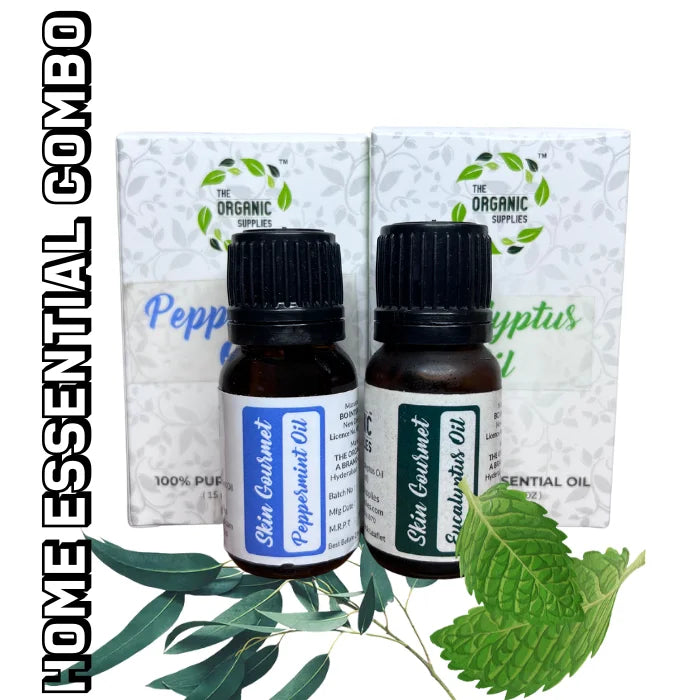 Two glass bottles of essential oil, labeled peppermint and eucalyptus, essential oils, 100% pure, for aromatherapy. Shop The Organic Supplies for natural home essentials.