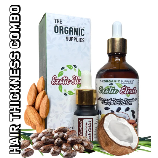 A photorealistic image of The Organic Supplies Hair Thickness Combo. with the bottle of exotic elixir hair growth serum and bottle of Jamaican black castor oil. surround by its natural ingredient's coconuts, almonds and rosemary leaves. the label that reads hair thickness combo and Packinging box.