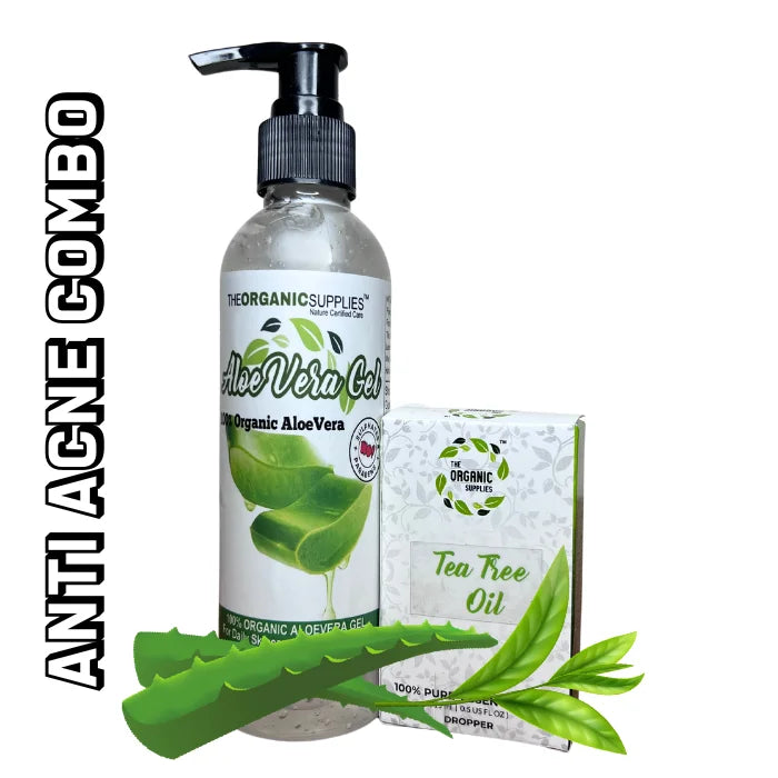 Organic aloe vera gel and tea tree oil, natural skincare products for acne and other skin conditions like pimple, dry skin, sun burn 