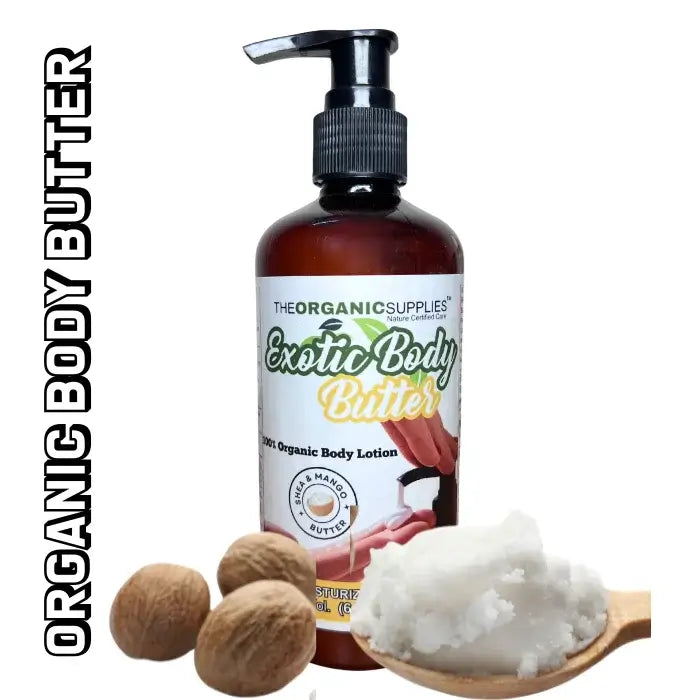 A photorealistic image of a pump bottle of The Organic Supplies' Exotic Body Butter, shea butter-based body lotion, sits open on a white background. A wooden spoon rests. Text on the bottle reads "THEORGANICSUPPLIES," "Nature Certified Car," "Exotic Body Butter," "Organic Body Lotion."