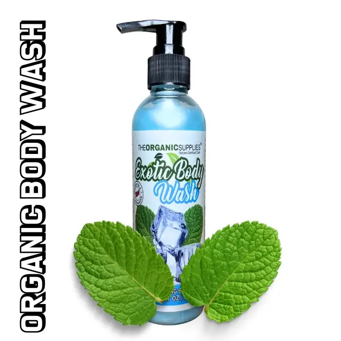 A bottle of Exotic body Wash by side it reads organic body wash with ice cubes and mint leaves on a white background.
