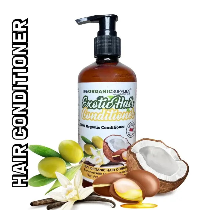An image of a glass bottle of hair conditioner from the brand 'The Organic Supplies.' The bottle is surrounded by coconuts, argan, olive, and bhringraj, showcasing the natural ingredients used in the conditioner. The label on the bottle clearly states 'Hair Conditioner'.