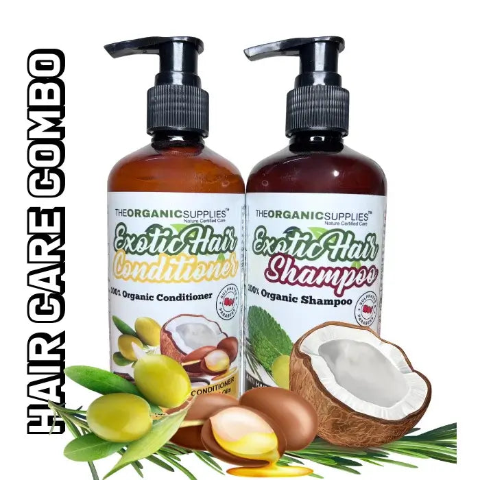 A close-up photo of a 100% organic shampoo and conditioner set with side labels reading "Hair Care Combo." A coconut, olives, tea tree leaves, and argan seeds sit beside the bottles on a white background.
