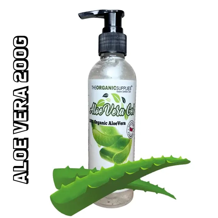  A close-up photo of a pump bottle of aloe vera gel next to two aloe vera leaves. The bottle has a label that reads The Organic Supplies Aloe Vera Gel of 200gm.