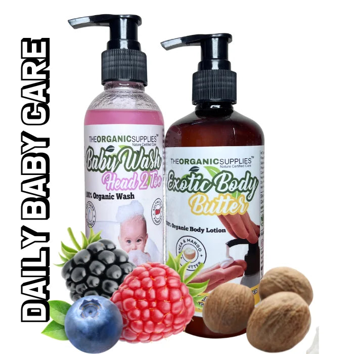 Image of baby care products The Organic Supplies baby wash and body butter, made with organic ingredients for gentle care.