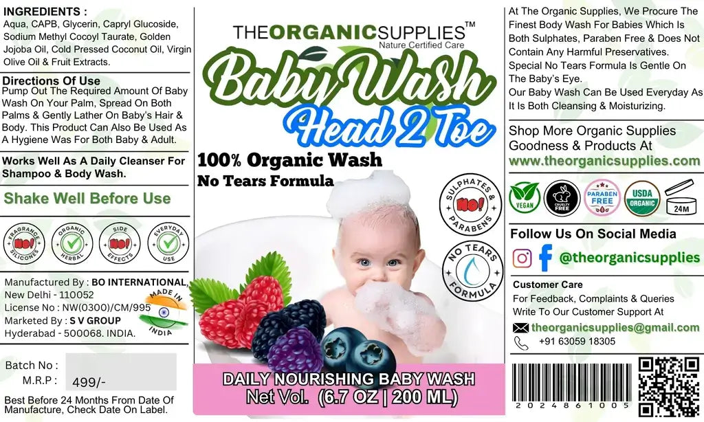 	baby care product label design with a focus on natural ingredients and nourishment. The label features the product name "Baby Wash" and highlights its key features, such as being 100% organic, vegan, and free of harsh chemicals. The design is clean and modern, with a focus on natural elements.