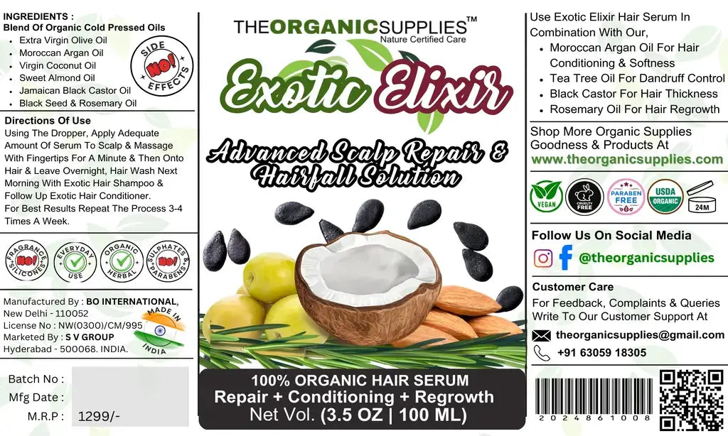 Image of a label for a hair care product called "Exotic Elixir" by The Organic Supplies. The label lists the product's ingredients, which include organic cold-pressed oils, as well as directions for use. The label also claims that the product is paraben-free, sulfate-free, and made with USDA-certified organic ingredients.