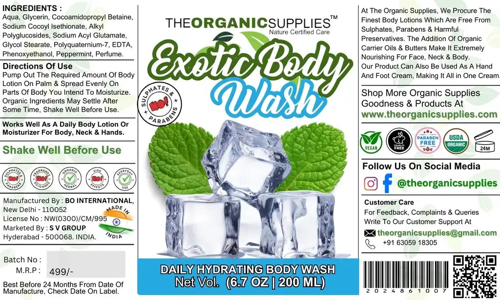 Image of a label for a body wash called "Exotic Body Wash" by The Organic Supplies. The label features ice cubes and mint leaves and lists the product's ingredients and benefits. The product is free of sulfates, parabens, and harmful preservatives.