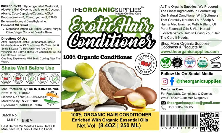 Image of a label for a hair care product called "Exotic Hair Conditioner" by The Organic Supplies. The label lists the product's ingredients and directions for use. The label also claims that the product is 100% organic, vegan, and free of sulfates, parabens, and other harsh chemicals.