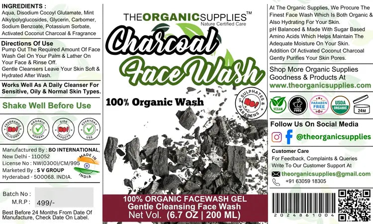 A label for a 200 ml bottle of The Organic Supplies Charcoal Face Wash Gel. The label is white and black, and it features the brand name and logo at the top. The rest of the label is text, which describes the product and its benefits. The text also includes a list of ingredients, directions for use, and contact information for the manufacturer.
