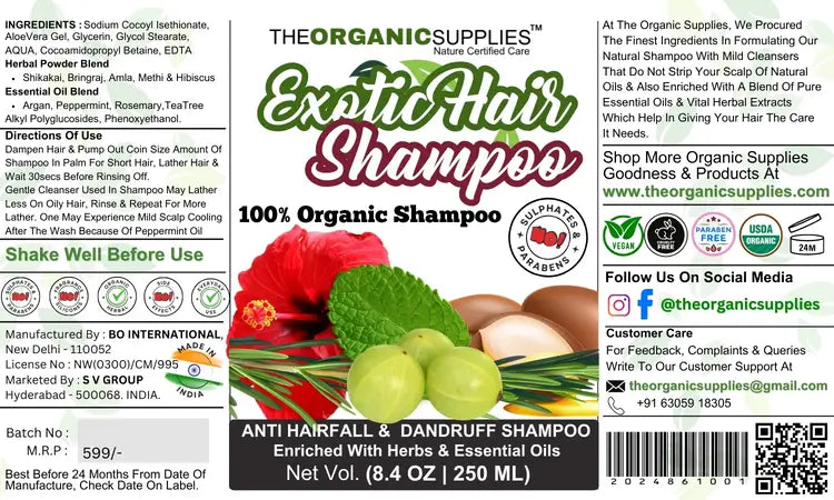 A label for "Exotic Hair Shampoo," an organic shampoo from The Organic Supplies enriched with herbs and essential oils. The label highlights that the shampoo is made with natural ingredients and does not strip the scalp of its natural oils. It also contains a blend of pure essential oils and vital herbal extracts to care for hair.