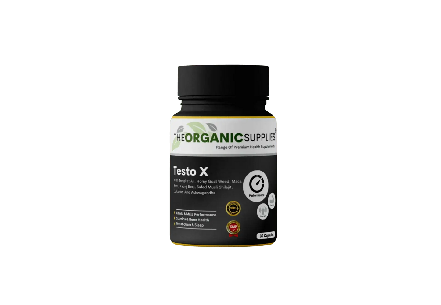 A photorealistic image of a bottle of TheOrganicSupplies testo X supplements.  