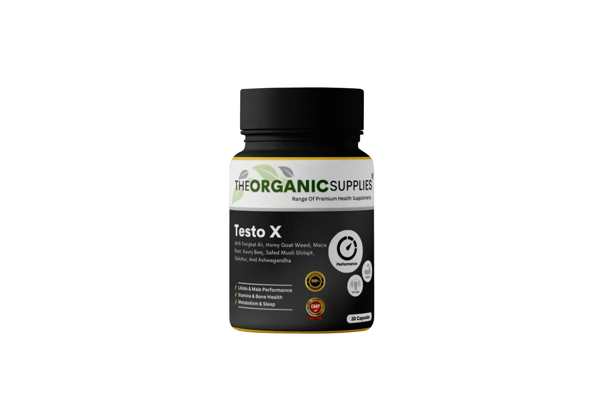 A photorealistic image of a bottle of TheOrganicSupplies testo X supplements.  