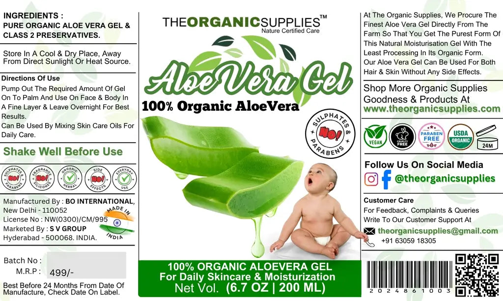 Image of a label for a skin care product called "Aleo Vera Gell" by The Organic Supplies. The label lists the product's ingredients and directions for use. The label also claims that the product is 100% organic, vegan, and free of sulfates, parabens, and other harsh chemicals.
